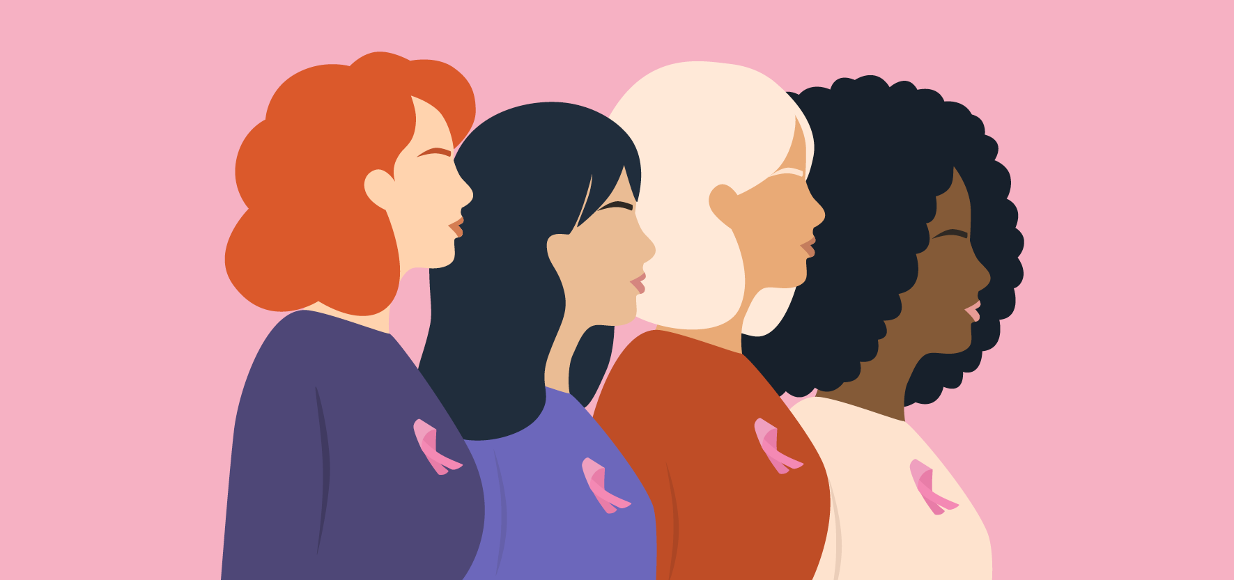 An illustration of four women standing side by side, each wearing a pink ribbon symbolizing breast cancer awareness